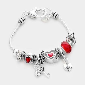 Lock and Key Heart Charm Multi Bead Bracelet